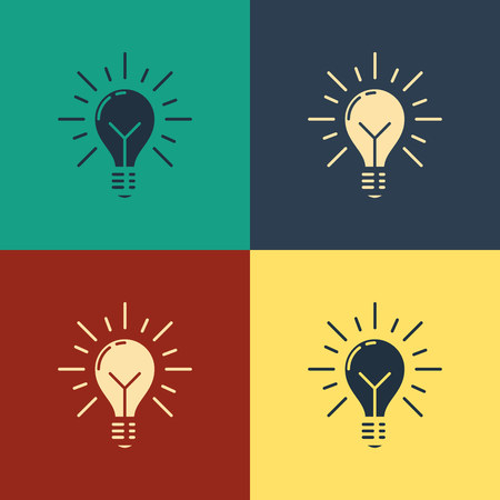 Color Light bulb with rays shine and concept of idea icon isolated on color background. Energy and idea symbol. Inspiration concept. Vintage style drawing. Vector Illustrationのイラスト素材