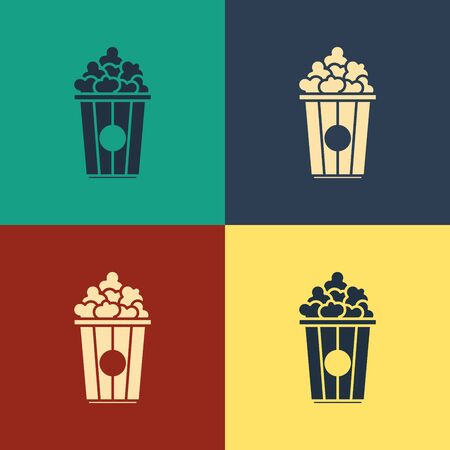 Color Popcorn in cardboard box icon isolated on color background. Popcorn bucket box. Vintage style drawing. Vector Illustrationのイラスト素材