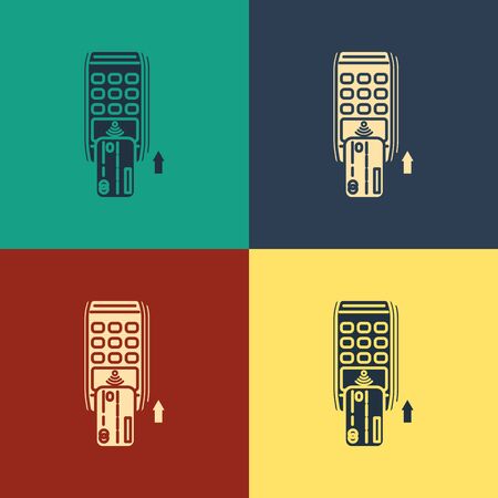 Color Pos terminal with inserted credit card icon isolated on color background. Payment terminal transaction. Pay by card. Vintage style drawing. Vector Illustrationのイラスト素材