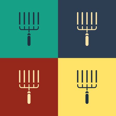 Color Garden rake in work icon isolated on color background. Tool for horticulture, agriculture, farming. Ground cultivator. Vintage style drawing. Vector Illustrationのイラスト素材