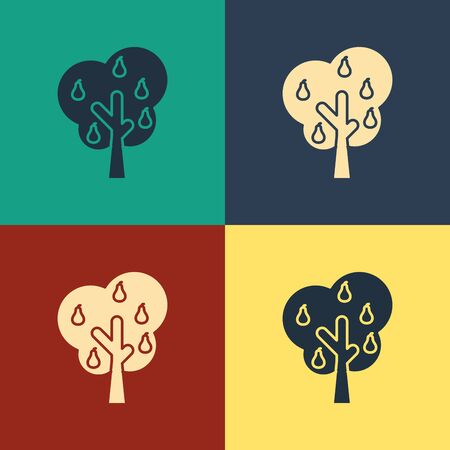 Color Tree with pears icon isolated on color background. Agricultural plant. Organic farm product. Gardening theme. Vintage style drawing. Vector Illustrationのイラスト素材