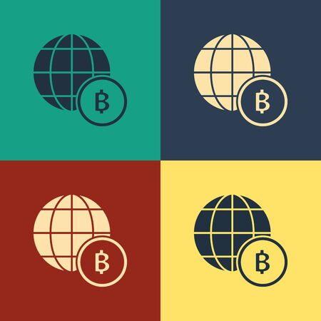 Color Globe and cryptocurrency coin Bitcoin icon isolated on color background. Physical bit coin. Blockchain based secure crypto currency. Vintage style drawing. Vector Illustrationのイラスト素材