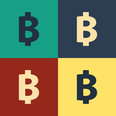 Color Cryptocurrency coin Bitcoin icon isolated on color background. Physical bit coin. Blockchain based secure crypto currency. Vintage style drawing. Vector Illustrationのイラスト素材
