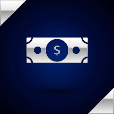 Silver Stacks paper money cash icon isolated on dark blue background. Money banknotes stacks. Bill currency. Vector Illustrationのイラスト素材