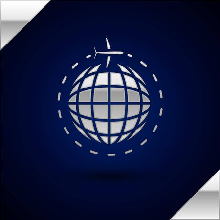 Silver Globe with flying plane icon isolated on dark blue background. Airplane fly around the planet earth. Aircraft world icon. Vector Illustrationのイラスト素材