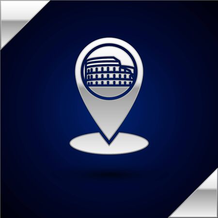 Silver Map pointer with Coliseum in Rome, Italy icon isolated on dark blue background. Colosseum sign. Symbol of Ancient Rome, gladiator fights. Vector Illustrationのイラスト素材