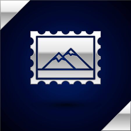 Silver Postal stamp and Mountains icon isolated on dark blue background. Vector Illustrationのイラスト素材