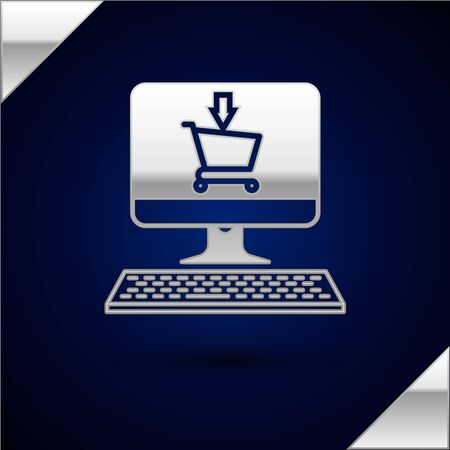 Silver Shopping cart on screen computer icon isolated on dark blue background. Concept e-commerce, e-business, online business marketing. Vector Illustrationのイラスト素材