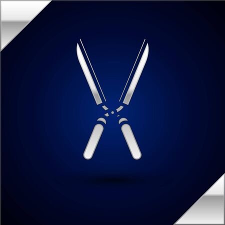 Silver Gardening handmade scissors for trimming icon isolated on dark blue background. Pruning shears with wooden handles. Vector Illustrationのイラスト素材