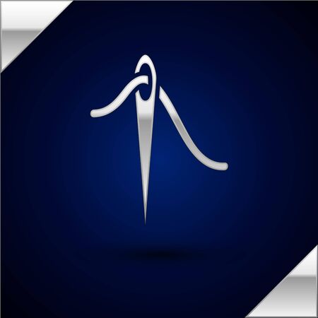 Silver Needle for sewing with thread icon isolated on dark blue background. Tailor symbol. Textile sew up craft sign. Embroidery tool. Vector Illustrationのイラスト素材