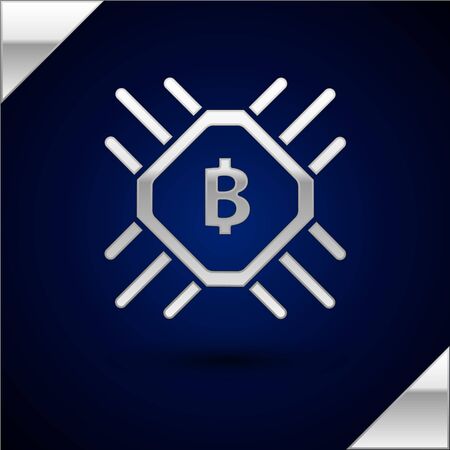 Silver CPU mining farm icon isolated on dark blue background. Bitcoin sign inside processor. Cryptocurrency mining community. Digital money. Vector Illustrationのイラスト素材