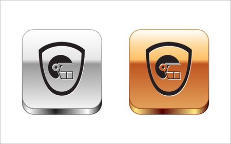 Black American football helmet and shield icon isolated on white background. Silver-gold square button. Vector Illustrationのイラスト素材