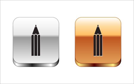 Black Pencil icon isolated on white background. Education sign. Drawing and educational tools. School office symbol. Silver-gold square button. Vector Illustrationのイラスト素材