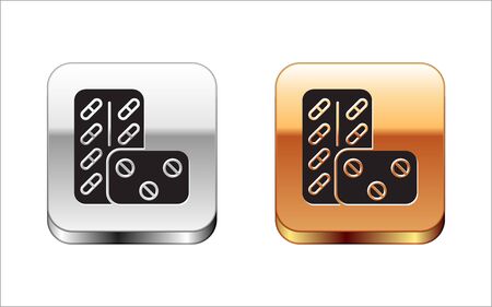 Black Pills in blister pack icon isolated on white background. Medical drug package for tablet vitamin, antibiotic, aspirin. Silver-gold square button. Vector Illustrationのイラスト素材
