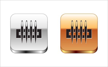 Black Needle for sewing icon isolated on white background. Tailor symbol. Textile sew up craft sign. Embroidery tool. Silver-gold square button. Vector Illustrationのイラスト素材