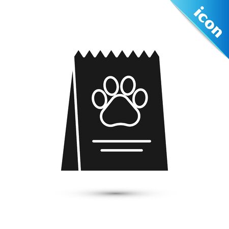Black Bag of food for dog icon isolated on white background. Dog or cat paw print. Food for animals. Pet food package. Vector Illustrationのイラスト素材