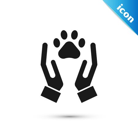 Black Hands with animals footprint icon isolated on white background. Pet paw in heart. Love to the animals. Vector Illustrationのイラスト素材