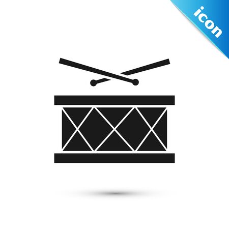 Black Drum with drum sticks icon isolated on white background. Music sign. Musical instrument symbol. Vector Illustrationのイラスト素材