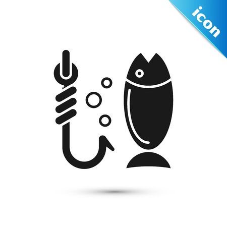 Black Fishing icon isolated on white background. Fish and hook. Strategy concept. Bait sign. Vector Illustrationのイラスト素材