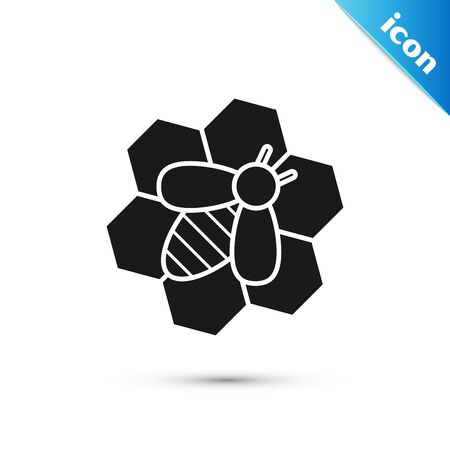 Black Bee and honeycomb icon isolated on white background. Honey cells. Honeybee or apis with wings symbol. Flying insect. Sweet natural food. Vector Illustrationのイラスト素材