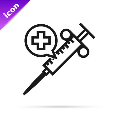 Black line Medical syringe with needle icon isolated on white background. Vaccination, injection, vaccine, insulin concept. Vector Illustrationのイラスト素材