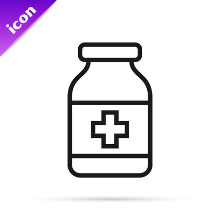 Black line Medicine bottle icon isolated on white background. Bottle pill sign. Pharmacy design. Vector Illustrationのイラスト素材