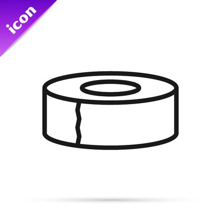 Black line Scotch icon isolated on white background. Roll of adhesive tape for work and repair. Sticky packing tape. Office tool and stuff. Vector Illustrationのイラスト素材