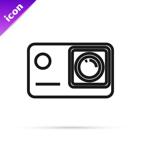 Black line Action extreme camera icon isolated on white background. Video camera equipment for filming extreme sports. Vector Illustrationのイラスト素材