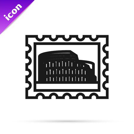 Black line Postal stamp and Coliseum icon isolated on white background. Colosseum sign. Symbol of Ancient Rome, gladiator fights. Vector Illustrationのイラスト素材