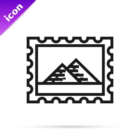 Black line Postal stamp and Egypt pyramids icon isolated on white background. Vector Illustrationのイラスト素材