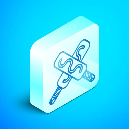 Isometric line Ice cream icon isolated on blue background. Sweet symbol. Silver square button. Vector Illustrationのイラスト素材