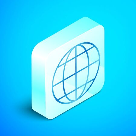 Isometric line Earth globe icon isolated on blue background. World or Earth sign. Global internet symbol. Geometric shapes. Silver square button. Vector Illustrationのイラスト素材