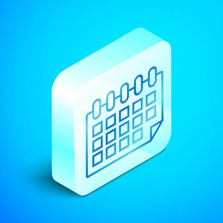 Isometric line Calendar icon isolated on blue background. Event reminder symbol. Silver square button. Vector Illustrationのイラスト素材