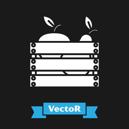 White Wooden box for fruits and vegetables icon isolated on black background. Vector Illustrationのイラスト素材