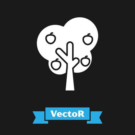 White Tree with apple icon isolated on black background. Agricultural plant. Organic farm product. Gardening theme. Vector Illustrationのイラスト素材
