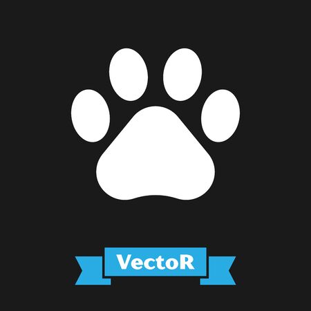 White Paw print icon isolated on black background. Dog or cat paw print. Animal track. Vector Illustrationのイラスト素材