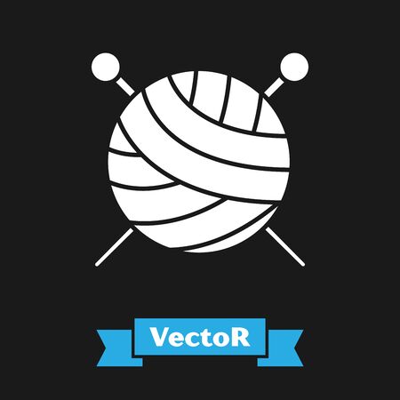 White Yarn ball with knitting needles icon isolated on black background. Label for hand made, knitting or tailor shop. Vector Illustrationのイラスト素材