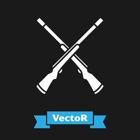 White Two crossed shotguns icon isolated on black background. Hunting gun. Vector Illustrationのイラスト素材