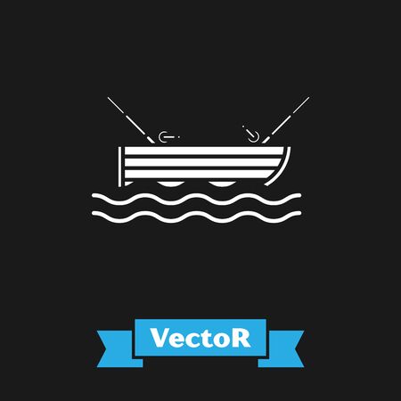 White Fishing boat with fishing rod on water icon isolated on black background. Vector Illustrationのイラスト素材