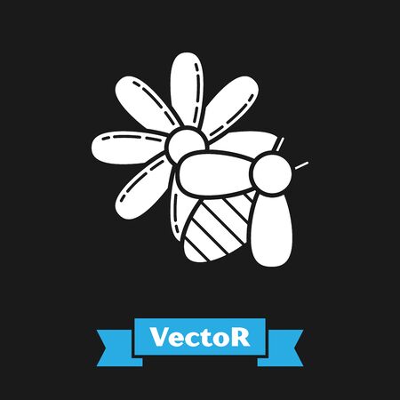 White Bee and flower icon isolated on black background. Sweet natural food. Honeybee or apis with wings symbol. Flying insect. Vector Illustrationのイラスト素材