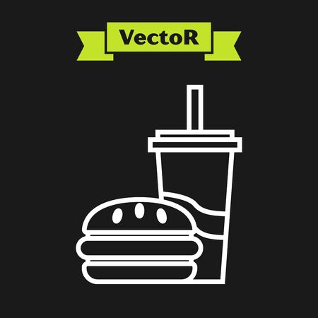 White line Paper glass with drinking straw and burger icon isolated on black background. Soda aqua drink sign. Hamburger, cheeseburger sandwich. Vector Illustrationのイラスト素材