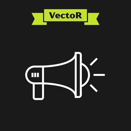 White line Megaphone icon isolated on black background. Loud speach alert concept. Bullhorn for Mouthpiece scream promotion. Vector Illustrationのイラスト素材
