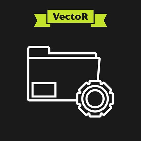 White line Folder settings with gears icon isolated on black background. Software update, transfer protocol, teamwork tool management, copy process. Vector Illustrationのイラスト素材