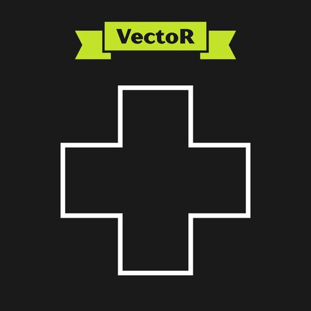 White line Cross hospital medical icon isolated on black background. First aid. Diagnostics symbol. Medicine and pharmacy sign. Vector Illustrationのイラスト素材