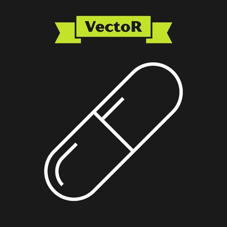 White line Medicine pill or tablet icon isolated on black background. Capsule pill and drug sign. Pharmacy design. Vector Illustrationのイラスト素材