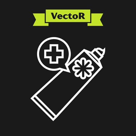 White line Ointment cream tube medicine icon isolated on black background. Tube, container, toothpaste, cream sign. Vector Illustrationのイラスト素材