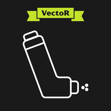 White line Inhaler icon isolated on black background. Breather for cough relief, inhalation, allergic patient. Medical allergy asthma inhaler spray. Vector Illustrationのイラスト素材
