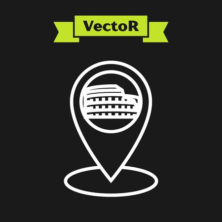 White line Map pointer with Coliseum in Rome, Italy icon isolated on black background. Colosseum sign. Symbol of Ancient Rome, gladiator fights. Vector Illustrationのイラスト素材
