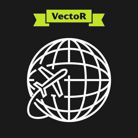 White line Globe with flying plane icon isolated on black background. Airplane fly around the planet earth. Aircraft world icon. Vector Illustrationのイラスト素材