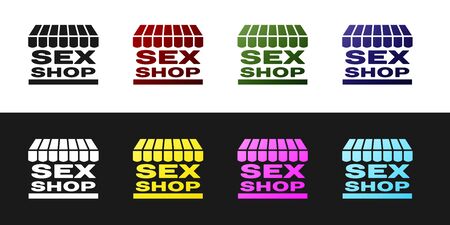 Set Sex shop building with striped awning icon isolated on black and white background. Sex shop, online sex store, adult erotic products concept. Vector Illustrationのイラスト素材